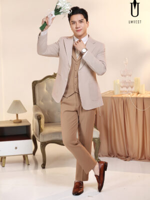 Vest Chú Rể Nâu Nhạt Phối Kem