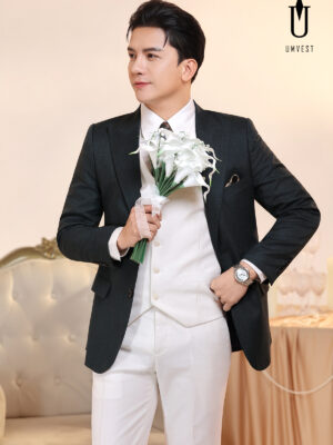 Vest Chú Rể Rêu Phối Trắng