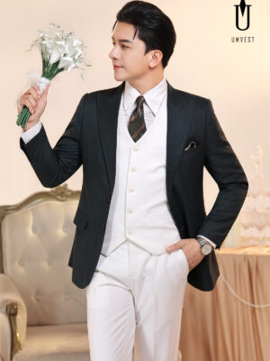 Vest Chú Rể Rêu Phối Trắng