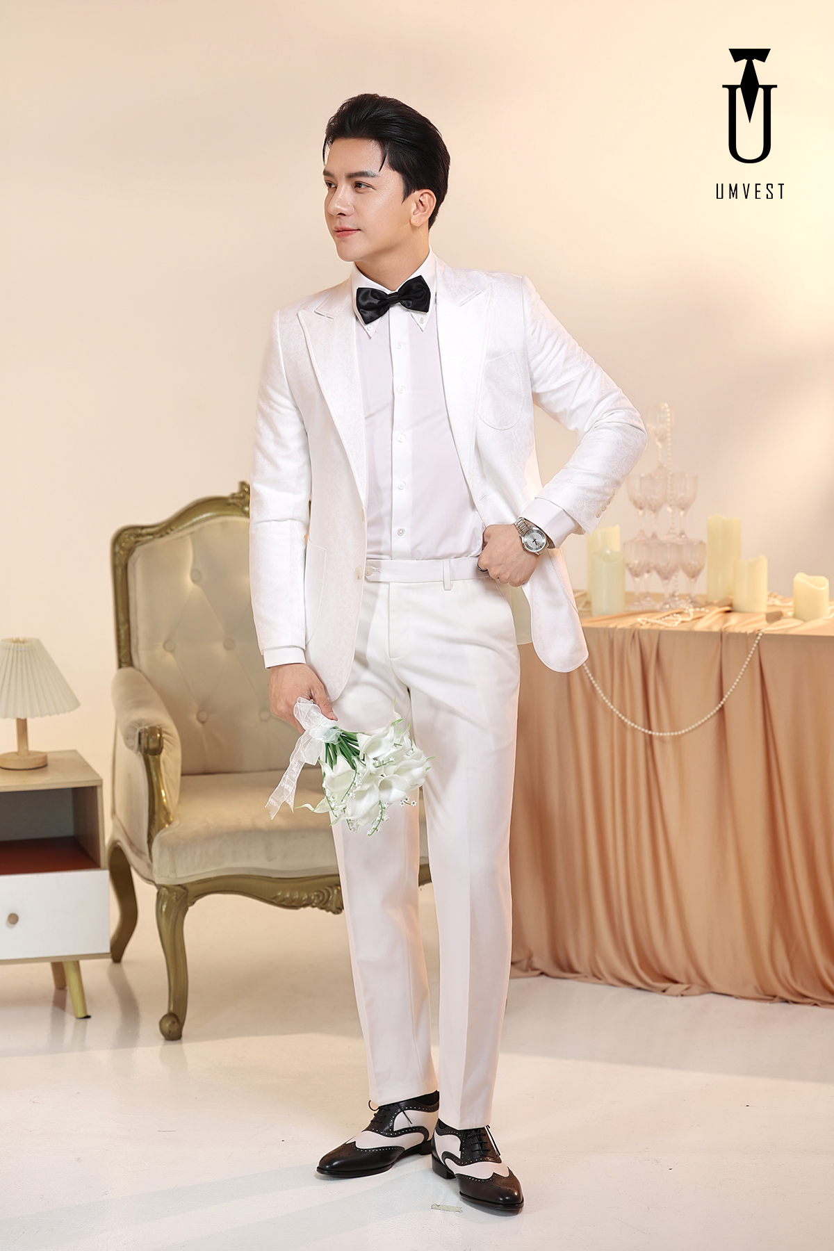 Vest Chú Rể Trắng Gấm Vest Chú Rể Trắng Gấm