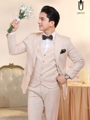 Vest Chú Rể Trắng Kem Phối Nơ Gile