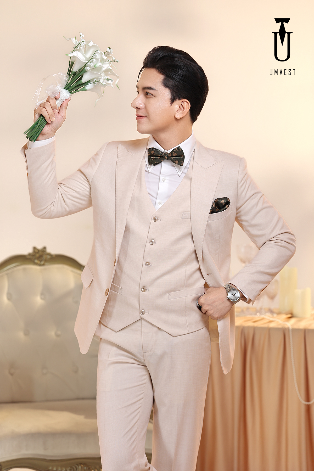 Vest Chú Rể Trắng Kem Phối Nơ Gile Vest Chú Rể Trắng Kem Phối Nơ Gile