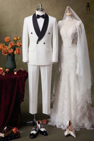 Tuxedo Chú Rể Trắng Ve Sam Đen 4 Cúc