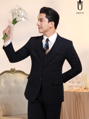 Vest Chú Rể Xanh Đen Caro Gile