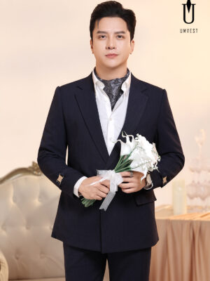 Vest Chú Rể Xanh Đen Khóa Sập Xương Cá