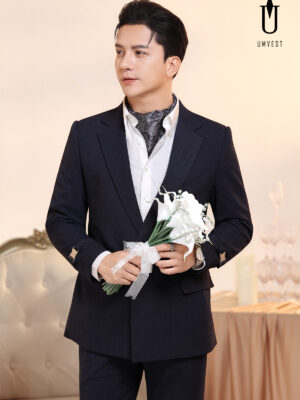 Vest Chú Rể Xanh Đen Khóa Sập Xương Cá