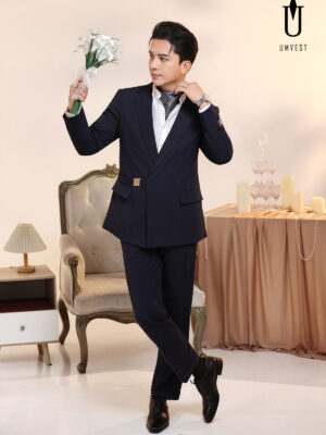 Vest Chú Rể Xanh Đen Khóa Sập Xương Cá