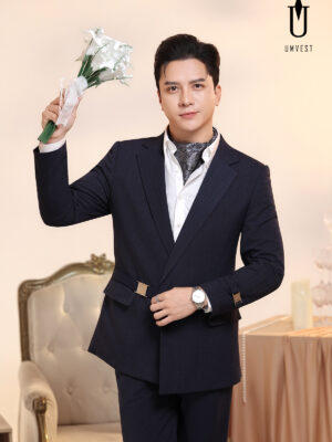 Vest Chú Rể Xanh Đen Khóa Sập Xương Cá