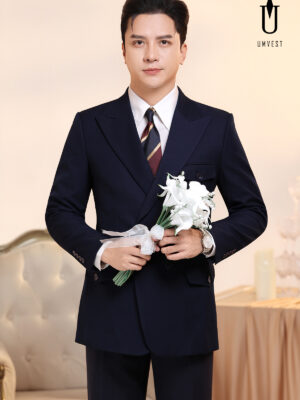 Vest Chú Rể Xanh Đen Xương Cá 6 Cúc Nắp Cài