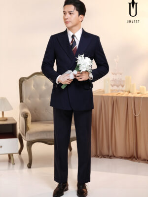 Vest Chú Rể Xanh Đen Xương Cá 6 Cúc Nắp Cài