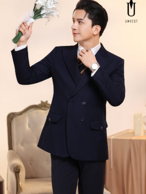 Vest Chú Rể Xanh Đen Xương Cá 6 Cúc Nắp Cài