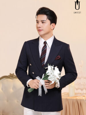 Vest Chú Rể Xanh Đen Xương Cá Quần Trắng