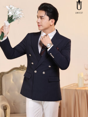 Vest Chú Rể Xanh Đen Xương Cá Quần Trắng