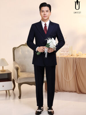 Vest Chú Rể Xanh Navy 6 Cúc Nắp Cài
