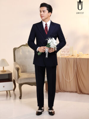 Vest Chú Rể Xanh Navy 6 Cúc Nắp Cài