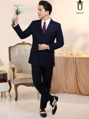 Vest Chú Rể Xanh Navy 6 Cúc Nắp Cài