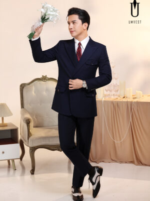 Vest Chú Rể Xanh Navy 6 Cúc Nắp Cài