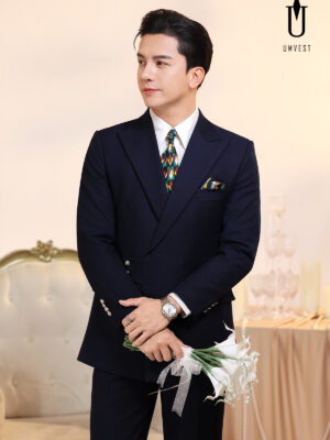 Vest Chú Rể Xanh Navy Cúc Cài Chéo