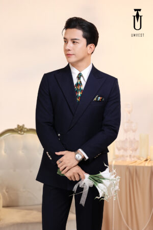 Vest Chú Rể Xanh Navy Cúc Cài Chéo