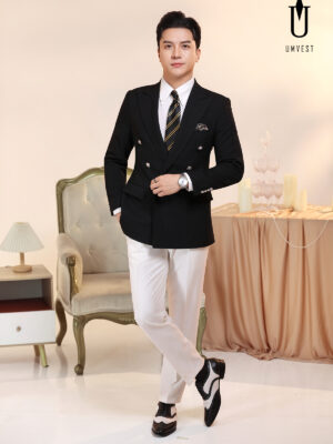 Vest Đen 6 Cúc Xương Cá Phối Quần Trắng