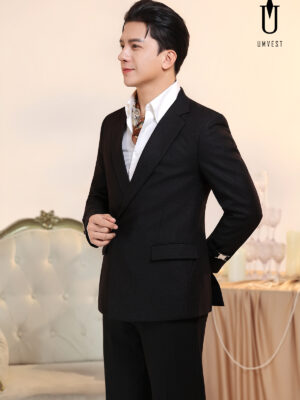 Vest Nam Đen Nhũ Khóa Khăn Cổ