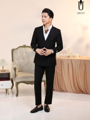 Vest Nam Đen Nhũ Khóa Khăn Cổ