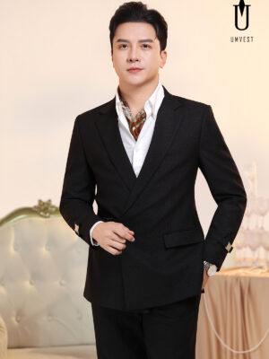 Vest Nam Đen Nhũ Khóa Khăn Cổ