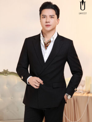 Vest Nam Đen Nhũ Khóa Khăn Cổ