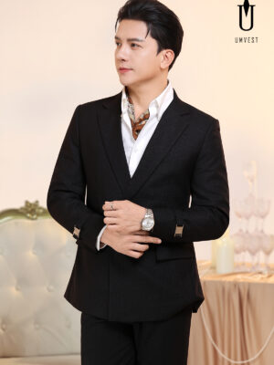 Vest Nam Đen Nhũ Khóa Khăn Cổ