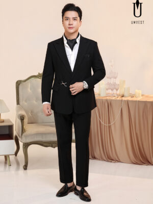 Vest Nam Đen Xương Cá Khóa Khăn Cổ