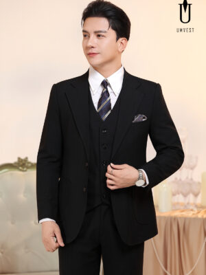 Vest Nam Đen Xương Cá Túi Hộp Phối Gile Đen