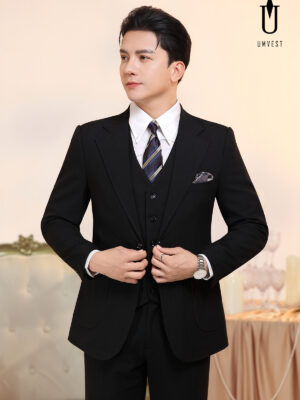 Vest Nam Đen Xương Cá Túi Hộp Phối Gile Đen