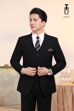 Vest Nam Đen Xương Cá Túi Hộp Phối Gile Đen
