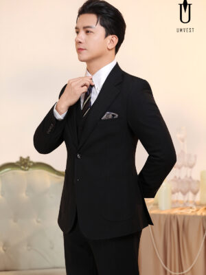 Vest Nam Đen Xương Cá Túi Hộp Phối Gile Đen