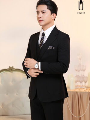 Vest Nam Đen Xương Cá Túi Hộp Phối Gile Đen