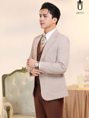 Vest Nam Nâu Đậm Phối Áo Kem