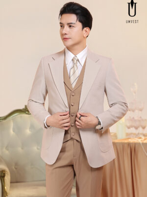 Vest Nam Nâu Nhạt Phối Áo Kem