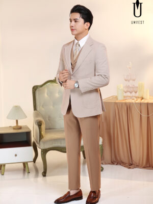 Vest Nam Nâu Nhạt Phối Áo Kem
