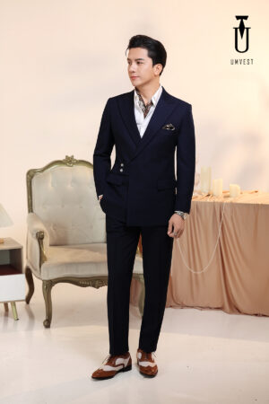 Vest Nam Xanh Navy Cúc Cài Chéo Khăn Cổ