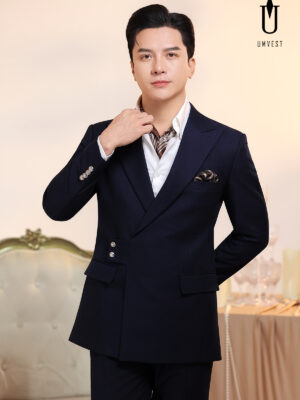 Vest Nam Xanh Navy Cúc Cài Chéo Khăn Cổ