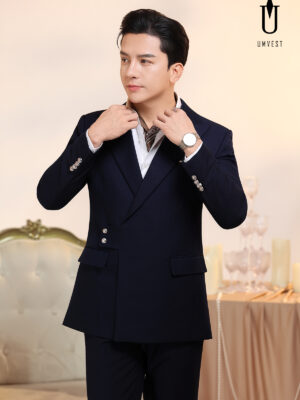 Vest Nam Xanh Navy Cúc Cài Chéo Khăn Cổ