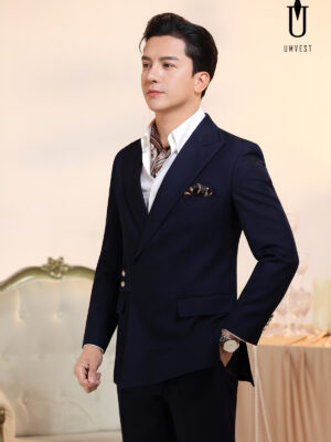 Vest Nam Xanh Navy Cúc Cài Chéo Khăn Cổ