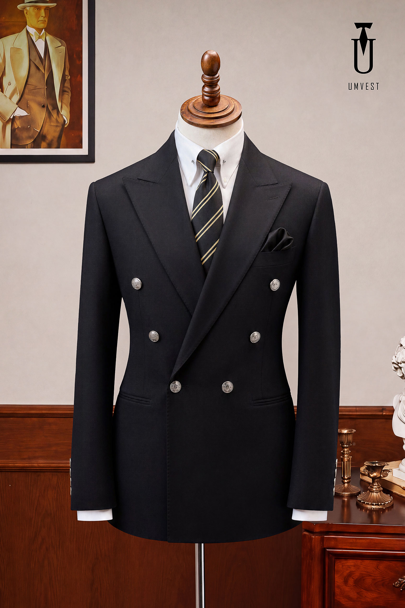 BỘ-VEST-NAM-ĐEN-XC-6C-(1) Áo vest nam đen hai hàng khuy trên mannequin tại UMvest