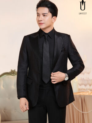 Tuxedo Đen Gấm Sơ Mi Đen